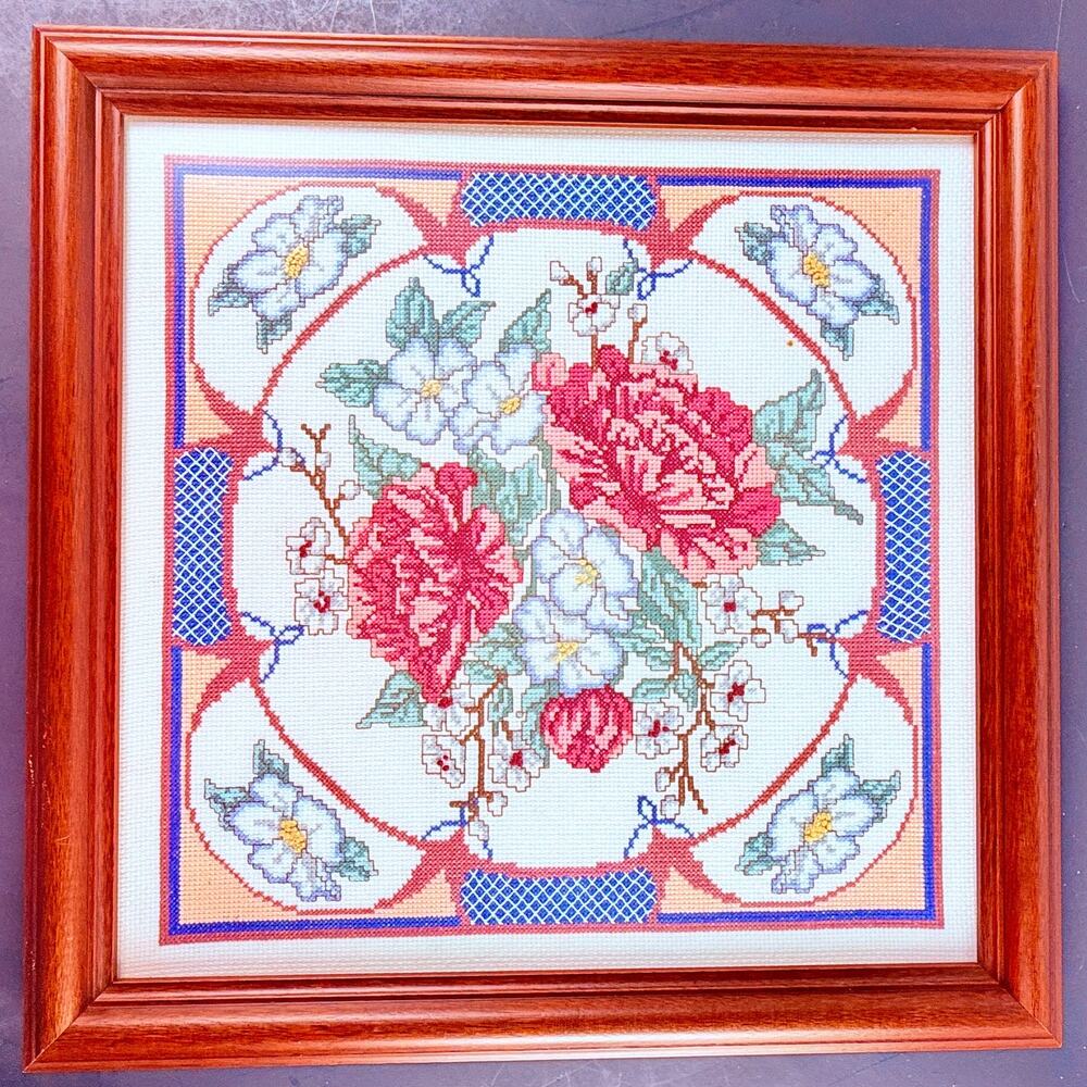 Wood Framed Cross Stitch Art Finished Peonies Golden Bee Oriental Leisure Matte